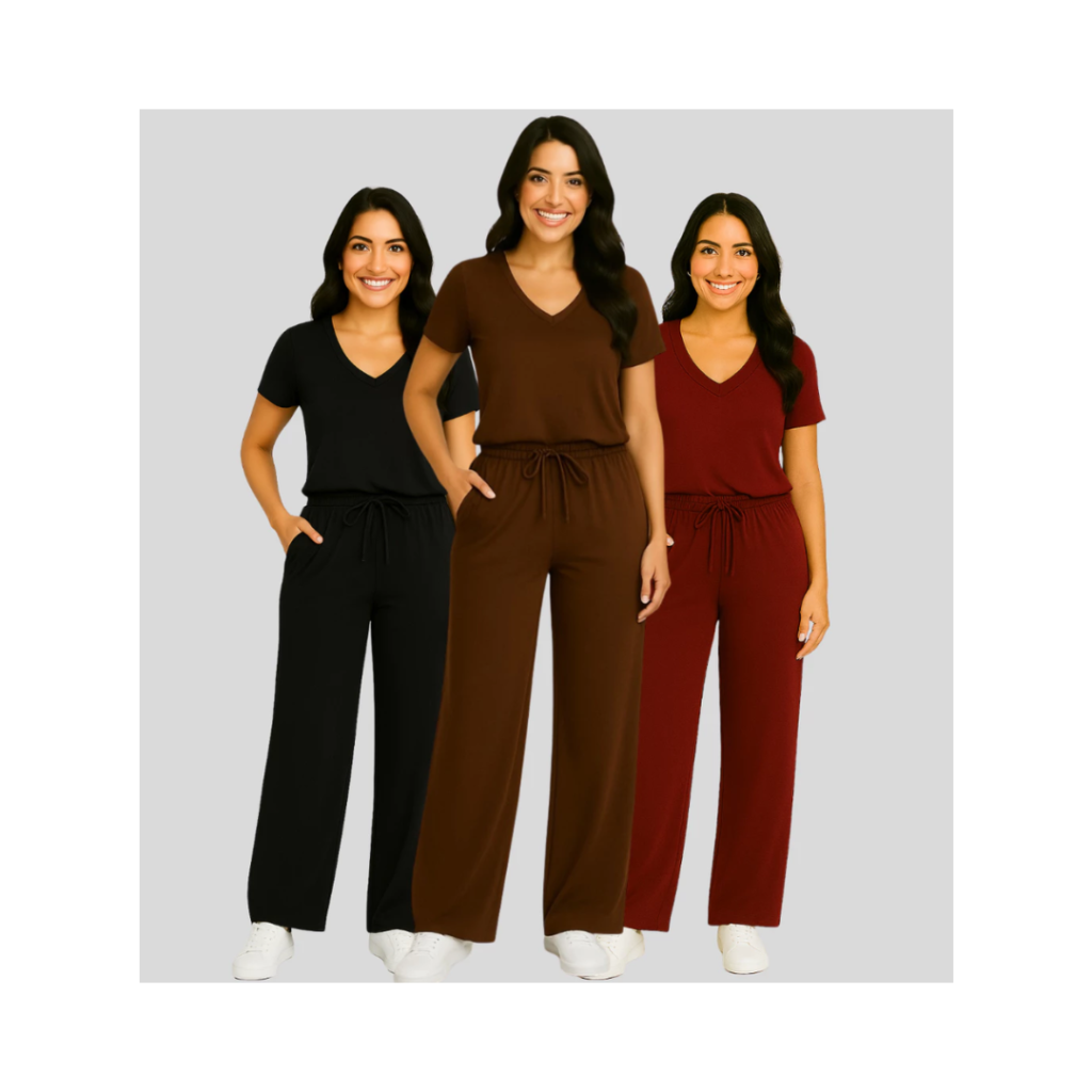 Kit 3 Conjuntos Femininos Manga CURTA – Malha Viscolycra Pantalona Wide Leg e Blusa Gola V | Estilo e Conforto