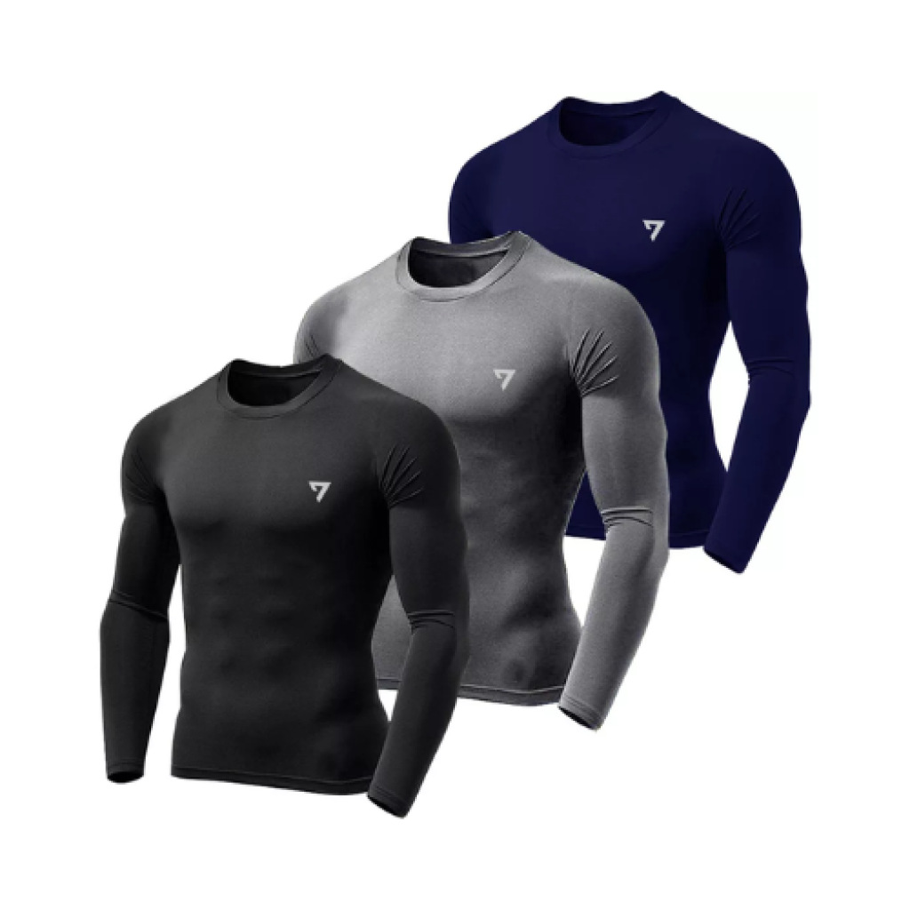 Kit 3 Camisetas Térmicas Segunda Pele Masculina UV50+ Poliéster Elastano Esporte