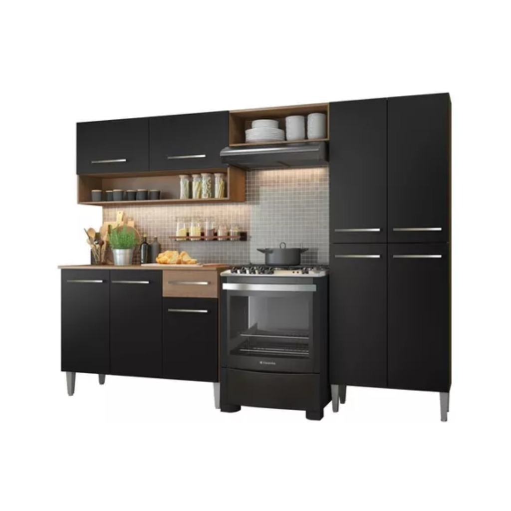 Armário de cozinha modulada completa compacta Emilly pop com armário e balcão cor rustic/preto GREM229002