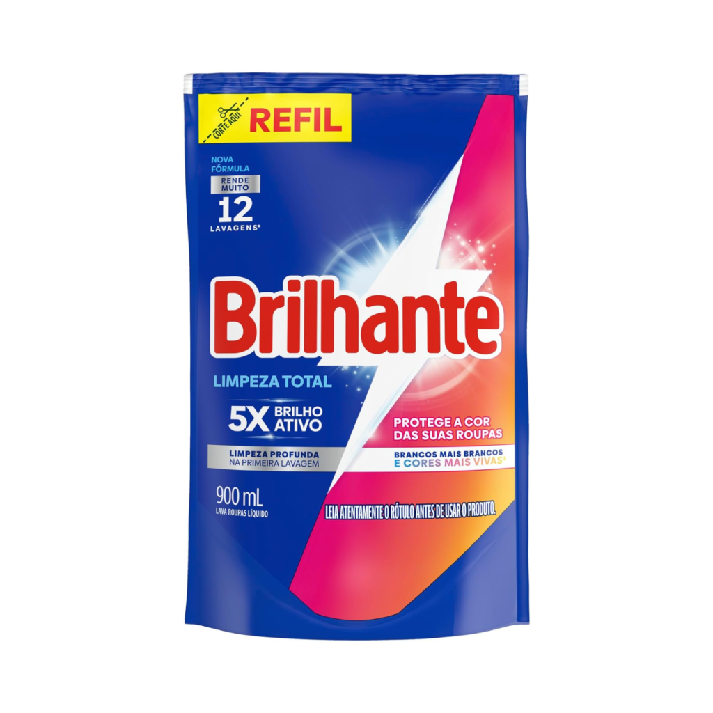 Lava Roupas Líquido Brilhante Limpeza Total 900 ml Refil