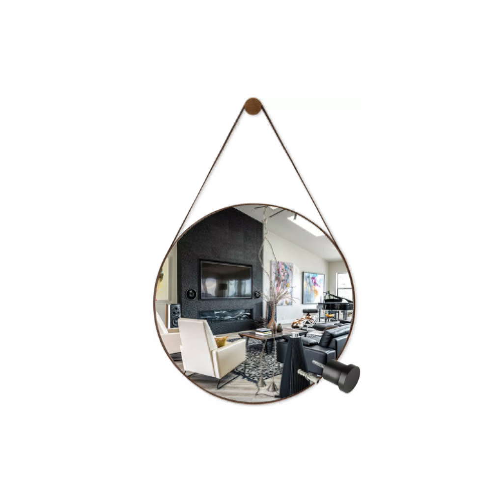 Espelho De Banheiro Decorativo Redondo 60cm C/ Alça De Couro