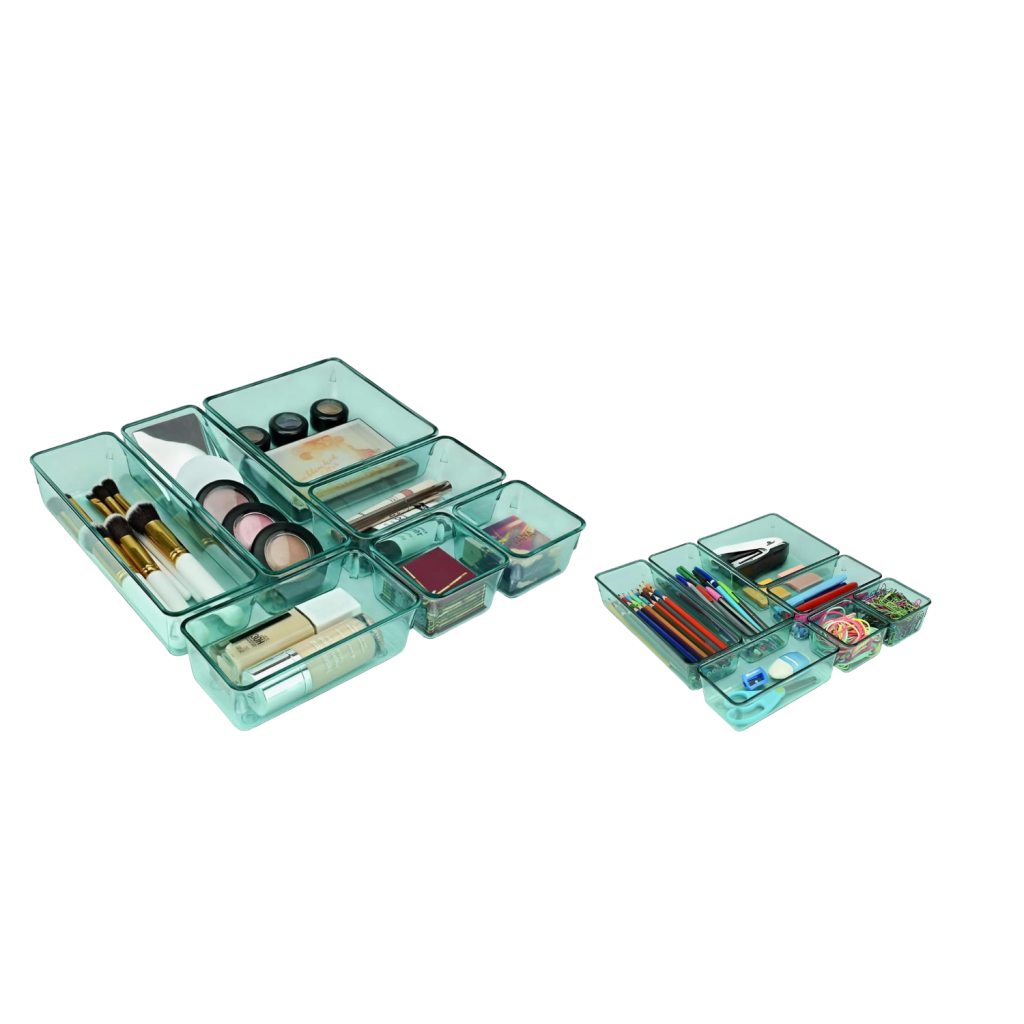Organizador Modular Acrimet para Gavetas, Bancadas e Armários, Plástico Transparente, Kit com 7 Potes Tamanhos Sortidos, Cor Verde Clear