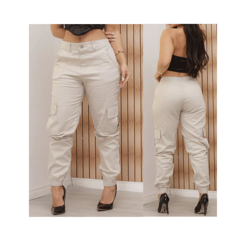 Calça Cargo Jogger Jeans Feminina Cintura Alta Com Lycra