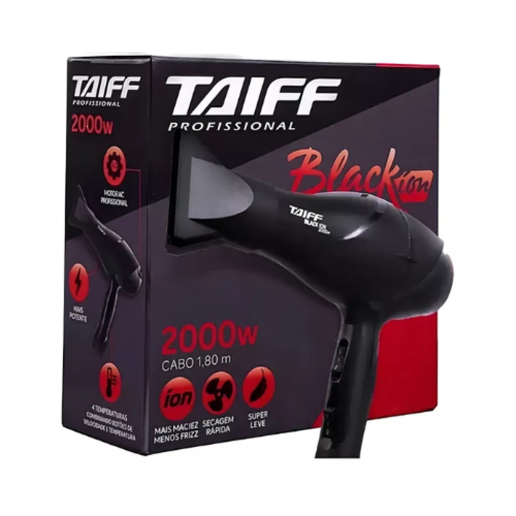 Secador de Cabelo Taiff Black Ion Profissional 2000W, Íons Negativos, Preto, 110V