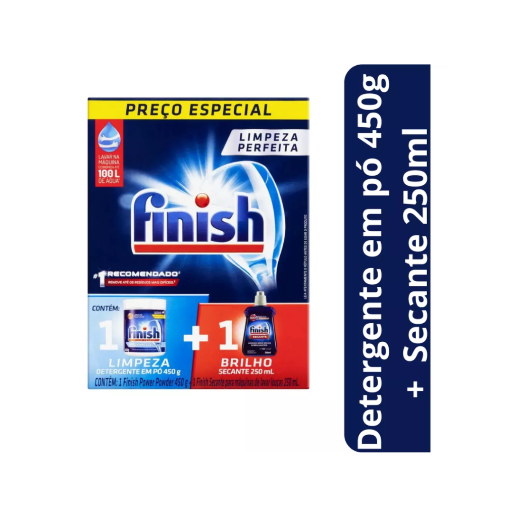 Finish kit 2 em 1 detergente em pó para máquina de lavar louças 450g e secante 250mL