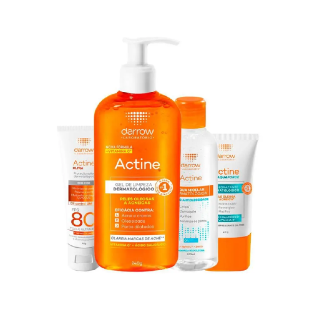 Kit Darrow Actine Antiacne com Protetor FPS80, Gel Facial, Água Micelar e Hidratante