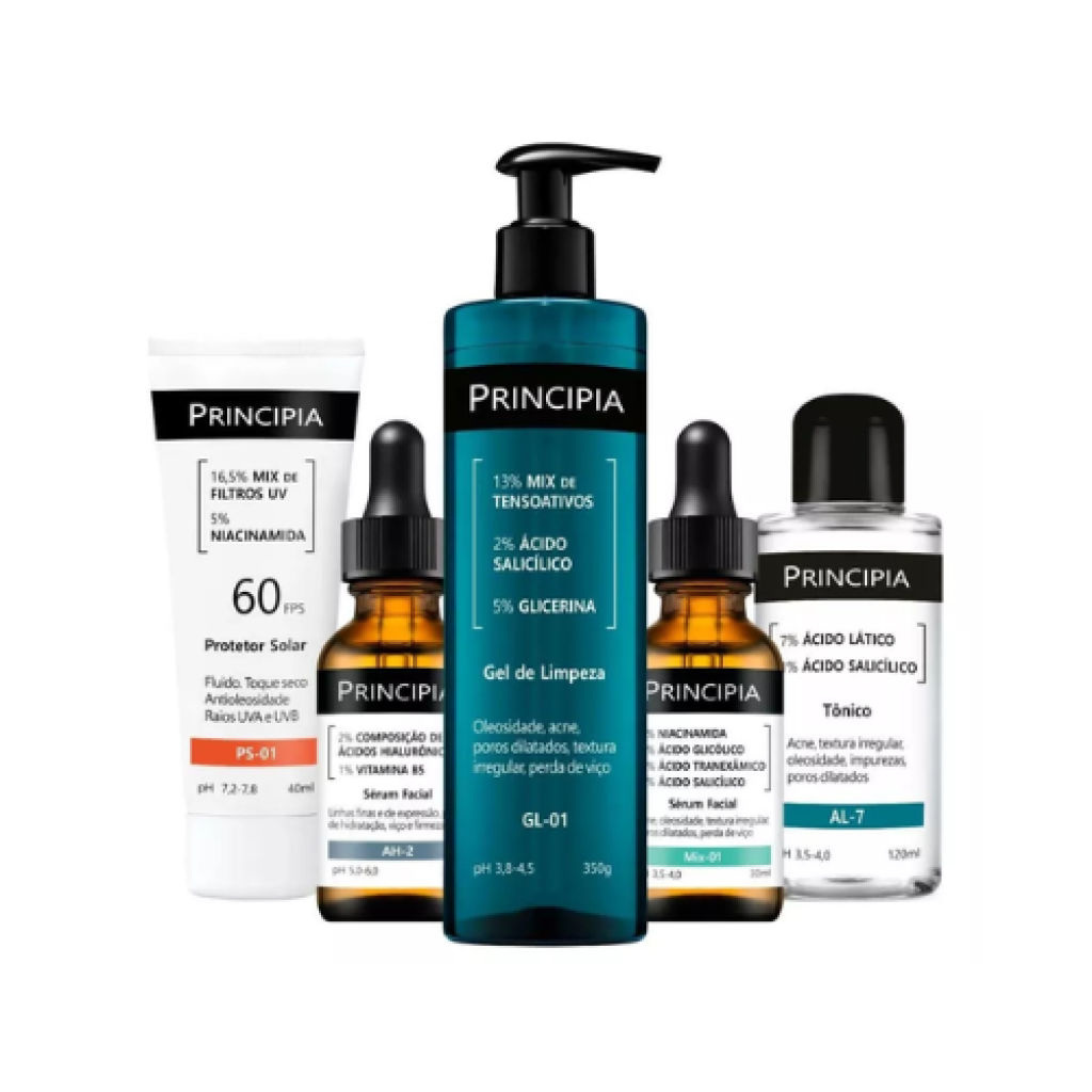 Kit Antiacne Completo Principia com 5 Fórmulas para Limpeza, Tratamento e Proteção Solar