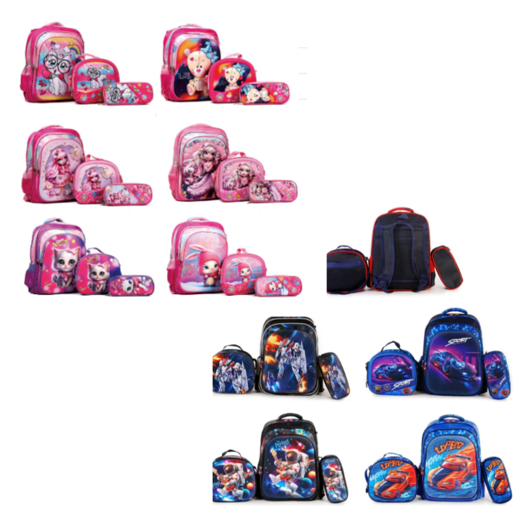 Kit Escolar Infantil Mochila Lancheira e Estojo 3D com Luzes