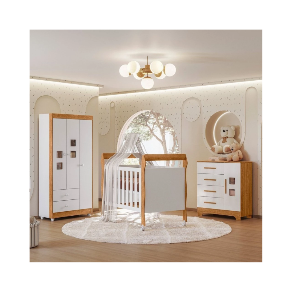 Quarto de Bebê Completo com Cômoda, Berço e Guarda Roupas Mila Branco/Amadeirado