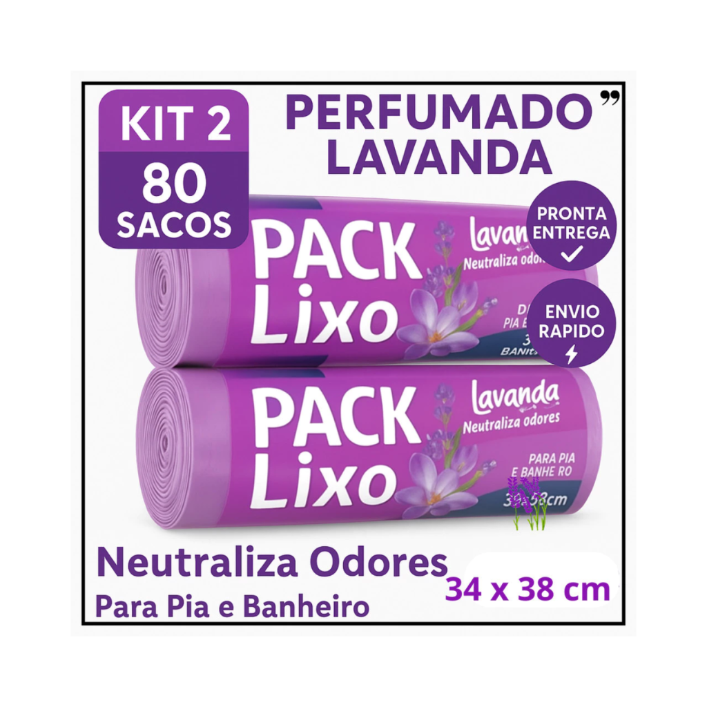 Sacos de Lixo Perfumados Lavanda | Kit 2 com 80 Sacos | Para Pia e Banheiro | 34x38cm | Neutraliza Odores