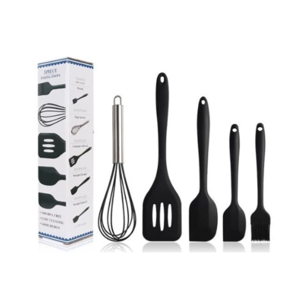 Kit com 5 Utensílios de Cozinha em Silicone - Espátulas, Colher, Fue e Pincel