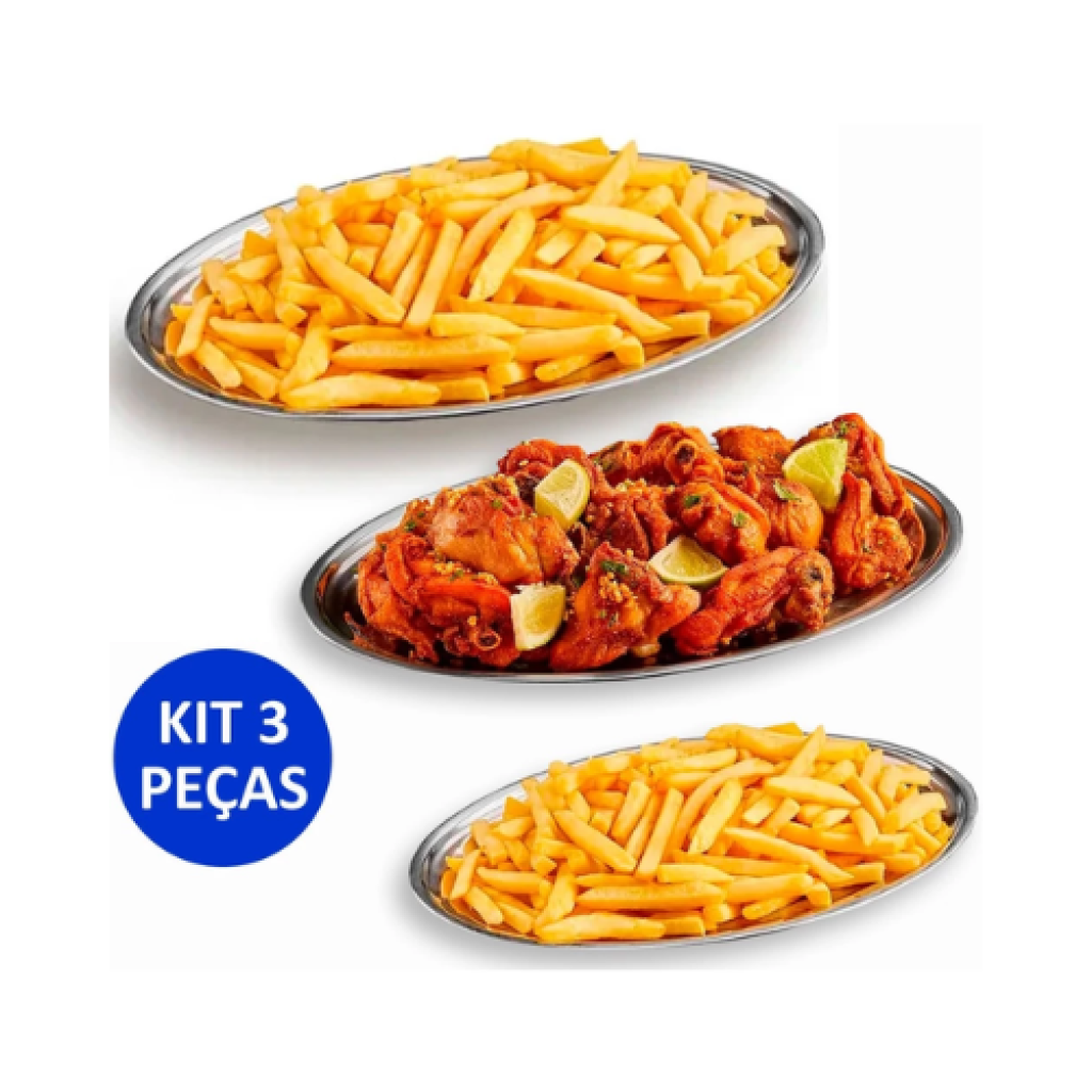 Kit 3 Travessas Ovais Rasas em Aço Inox – Tamanhos 21cm a 30cm para Cozinha e Bar