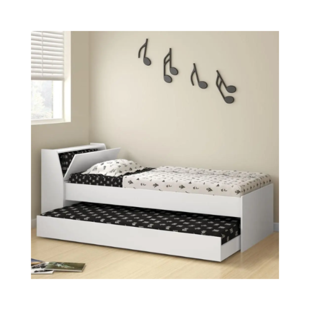 Cama Solteiro Bicama Ditália BB-28 com Baú Cabeceira e Cama Auxiliar Branco 1,88x78cm