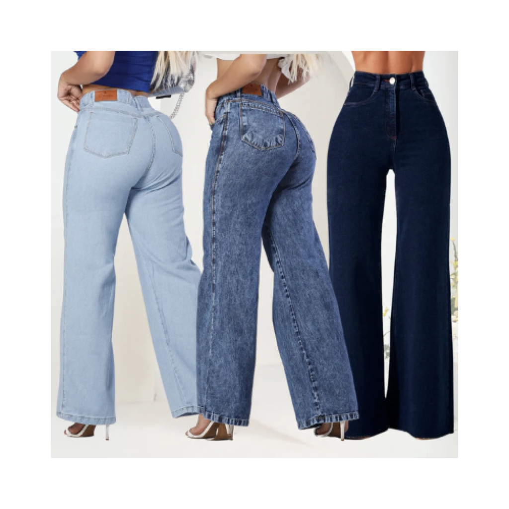 Kit com 3 Calças Jeans Wide Leg Femininas Cós Alto 100% Algodão com Bolsos