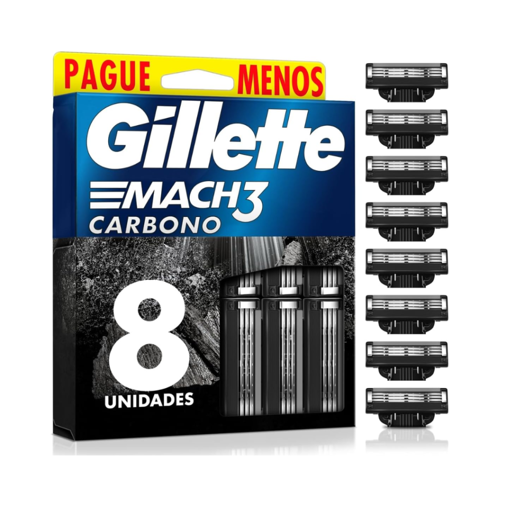 Refils Para Barbear Gillette Mach3 Carbono Carga para Aparelho de Barbear com Carvão Ativado 8 Uds