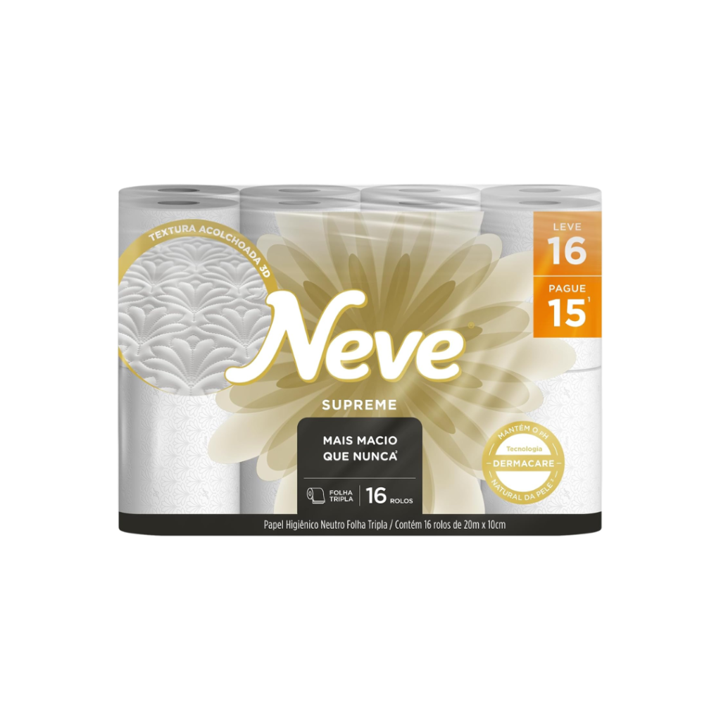 Neve Papel Higiênico Supreme Folha Tripla, 20m, Leve 16 Pague 15 Rolos