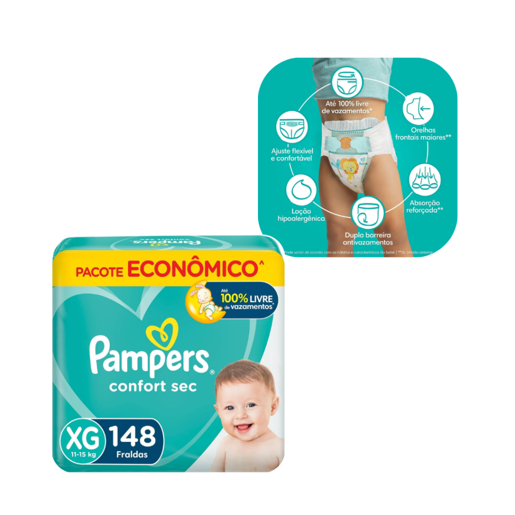 Fralda Pampers Confort Sec XG 148 Unidades, Pampers
