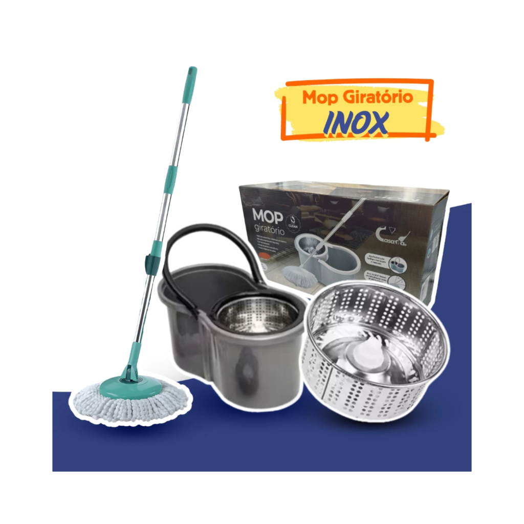 Mop Com Centrifuga Inox e Cabo em Inox Com Refil de Microfibra 9 Litros Mopi  4.3