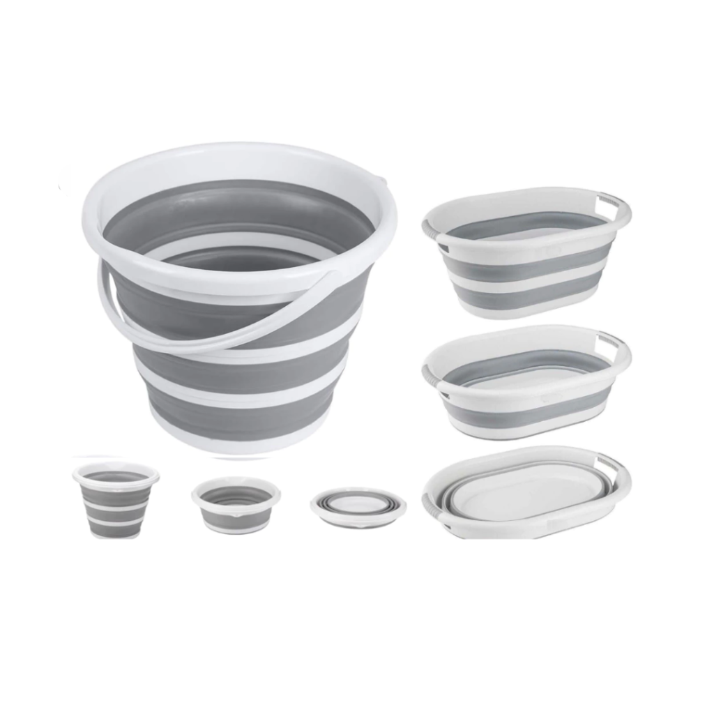 Kit Com 1 Cesto De 26 Litros Retrátil de Silicone E 2 Baldes De 10 Litros Retrátil Dobrável Silicone
