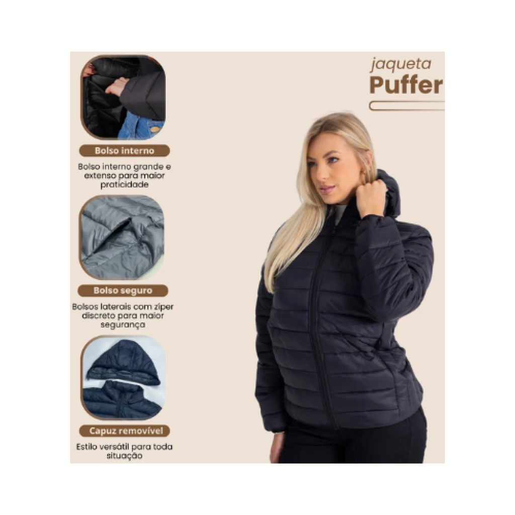 Jaqueta Feminina Puffer Edex Jeans Bobojaco Nylon Impermeável com Capuz Removível