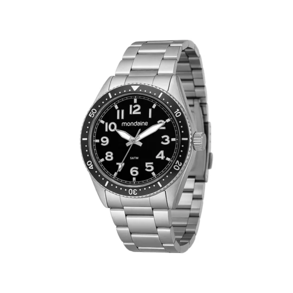 Relógio Masculino Mondaine Aço Inoxidável Prata Bisel Preto Prateado Preto Preto