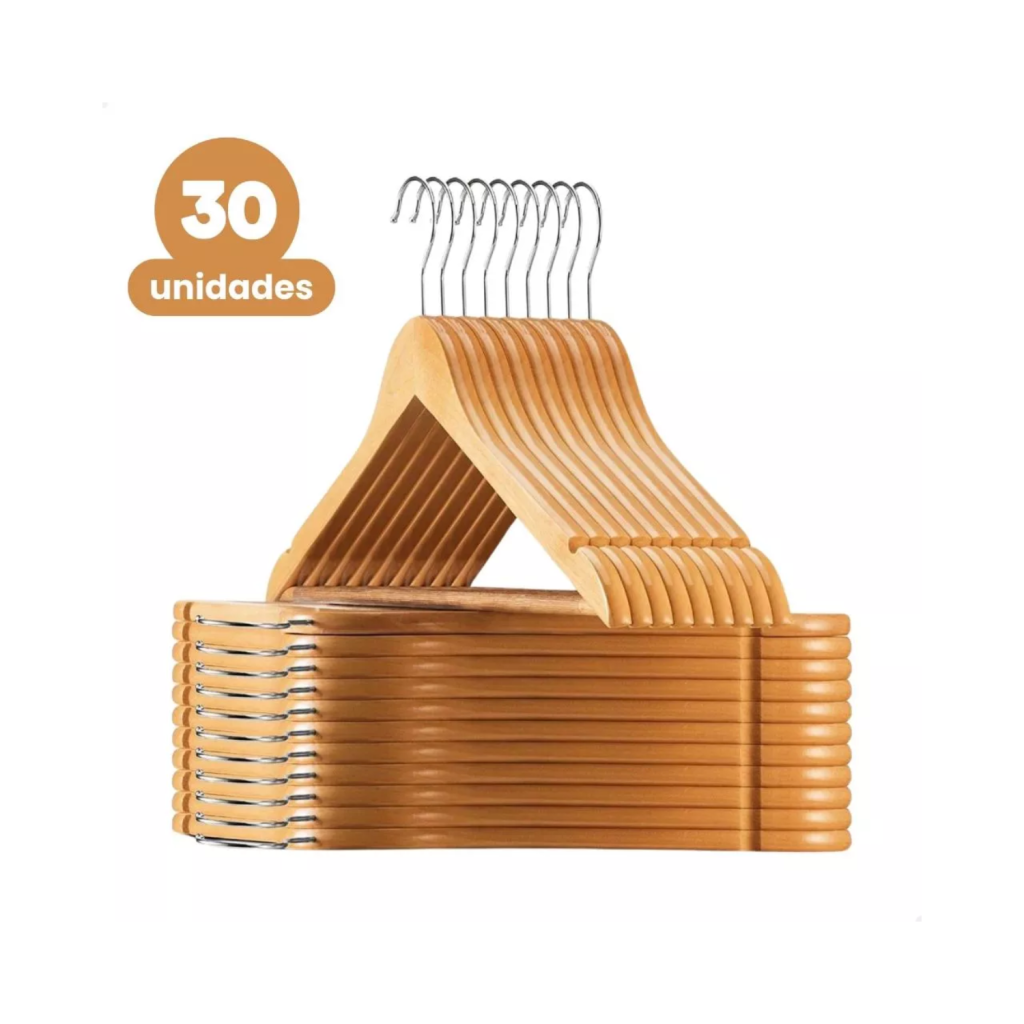 Kit 30 Cabide De Madeira Marfim Para Roupas Calça Gancho Cromado