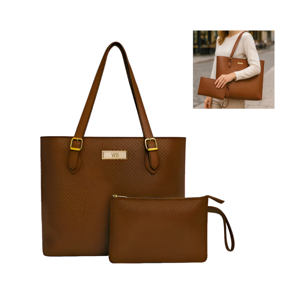 Kit Bolsa Feminina Grande Espaçosa + Necesser Linda Cor Caramelo Desenho Do Tecido Croco