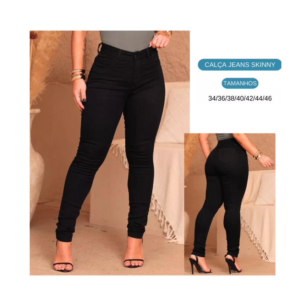Calça Preta Jeans Feminina Com Elastano Cintura Alta Skinny