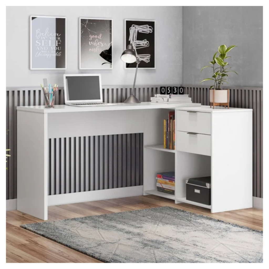 Mesa de Escritório em L 2 Gavetas 3 Nichos Office NT 2060 Branco New