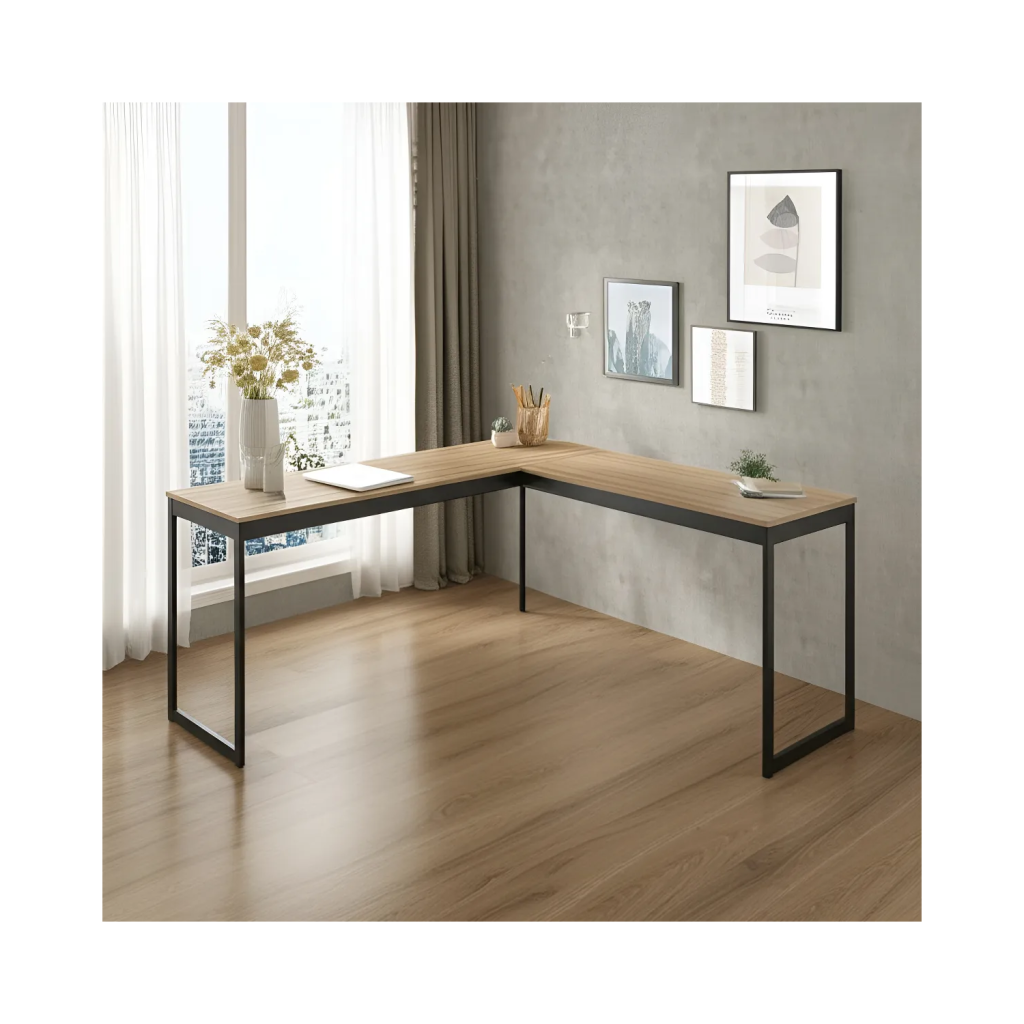 Mesa Em L Industrial Escrivaninha De Canto Nórdico Vintage Ferro E Madeira Laminado Com Preto E-led Meslmagn E-led Brasil 150x74x45