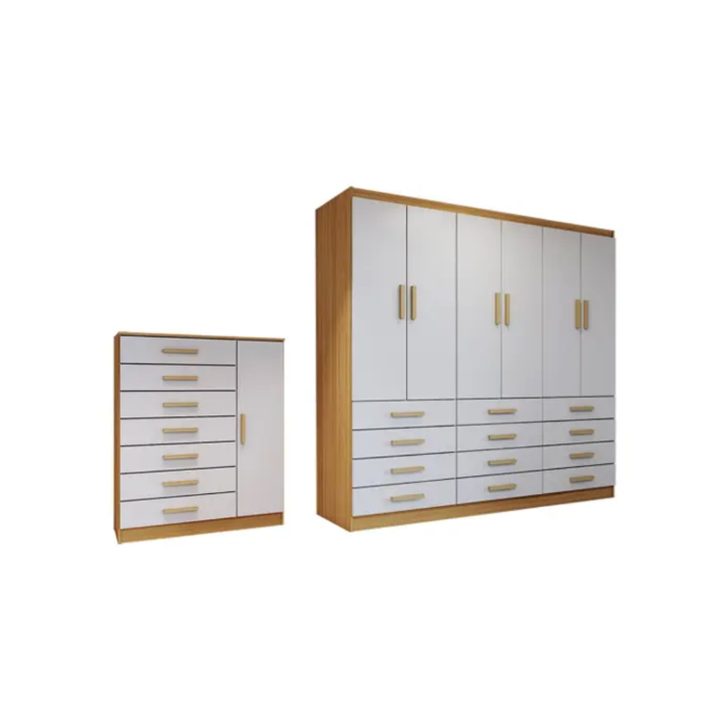 Guarda-Roupa Casal Catedral 6 Portas 12 Gavetas e Cômoda 1 Porta 7 Gavetas Cinamomo/Branco