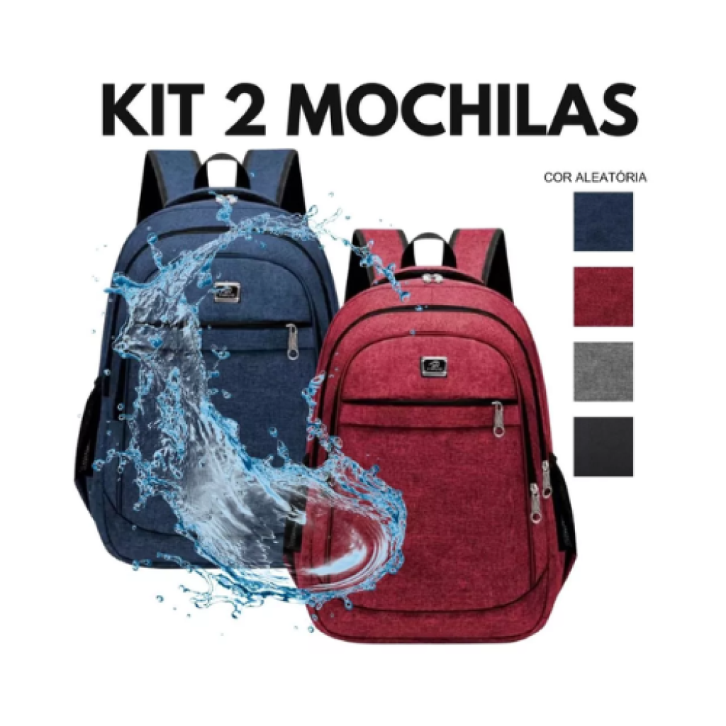 Kit 2 Mochilas Impermeáveis para Viagem e Escola, 47cm, Compartimentos Reforçados