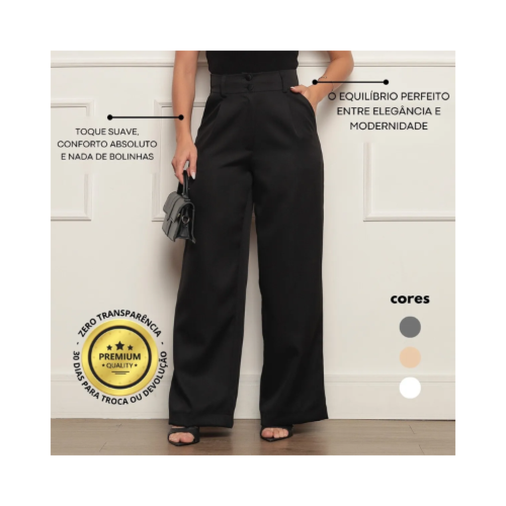 Calça Social de Alfaiataria Wide Leg Cintura Alta com Bolsos Feminina Tecido Gabardine