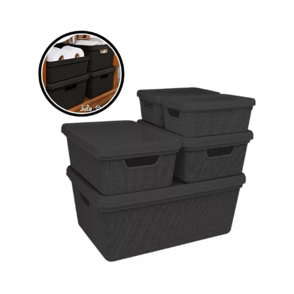 Kit 5 Caixas Organizadoras Jaguar Com Tampa Multiuso 1,8L 5L 15L Plástico Resistente
