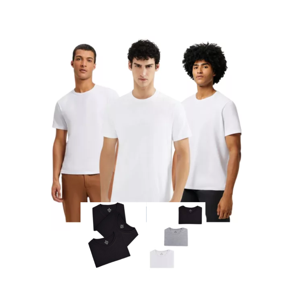 Kit com 3 Camisetas Masculinas Básicas Hering Algodão Modelo Slim