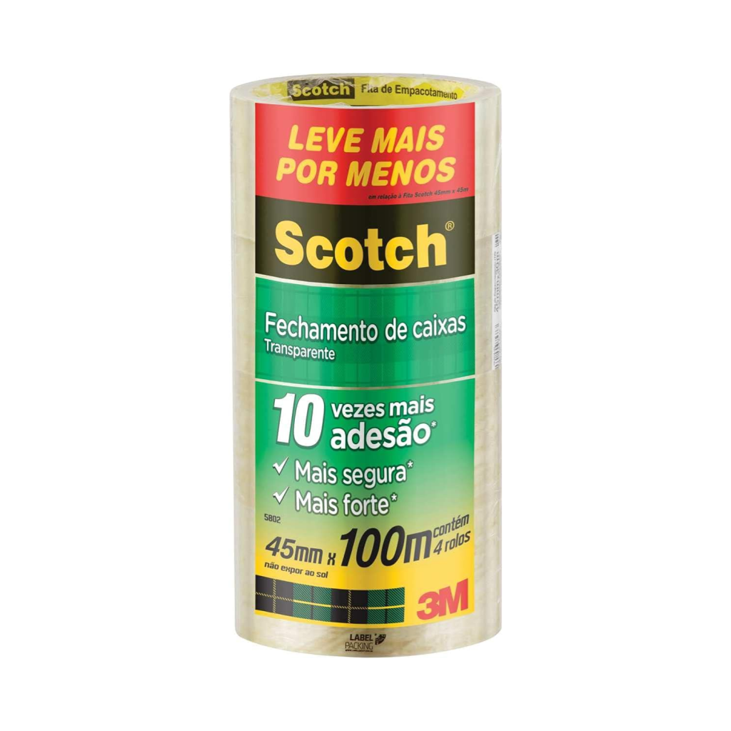 Scotch, 3M, Fita de Empacotamento Transparente, 4 Rolos, 45mm x 100M