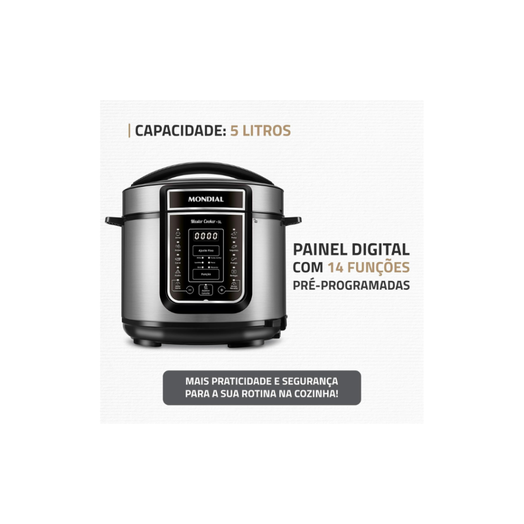 Panela de Pressão Elétrica Digital 5L, Mondial, Preto/Inox, 900W, 110V - PE-38