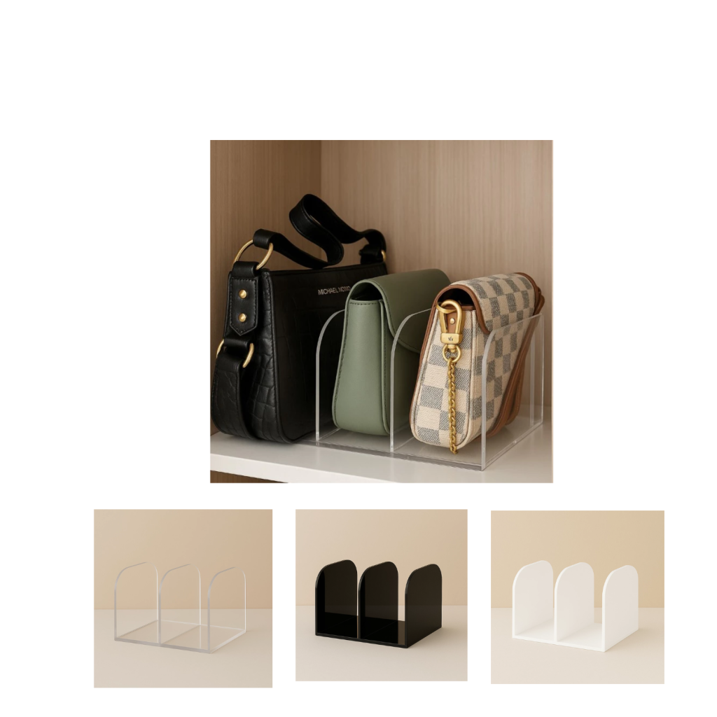 Organizador de Bolsas com 3 Divisões em Acrílico Transparente, Preto ou Branco