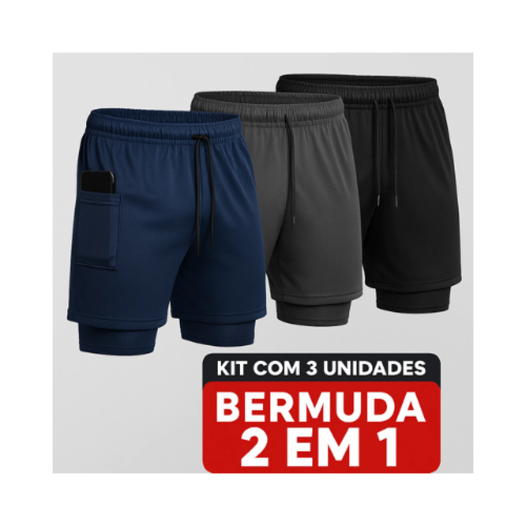 Kit 3 Shorts Esportivos Masculinos 2 em 1 com Compressão e Bolsos Laterais Internos