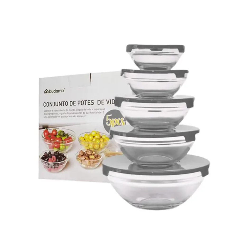 Kit Com 5 Potes De Vidro Hermético Marmita Fitness