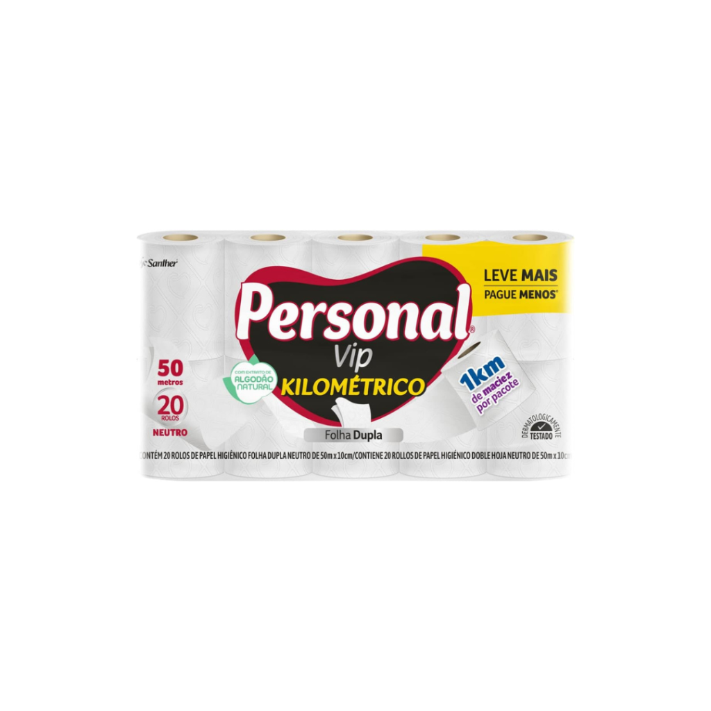 Personal Papel Higiênico Kilométrico Folha Dupla, Com 20 Rolos 50M