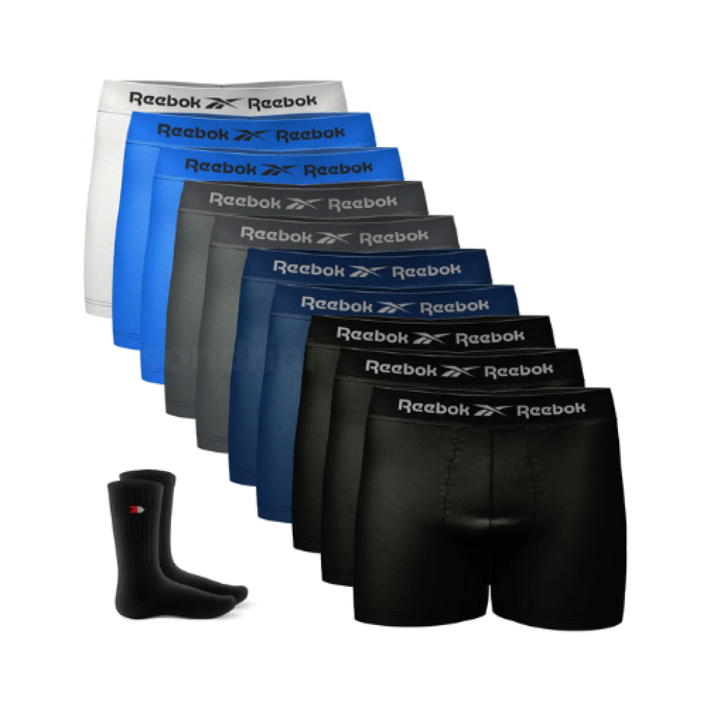 Kit 10 Cuecas Boxer Reebok Microfibra Sem Costura + 2 Meias Cano Longo Sandrini