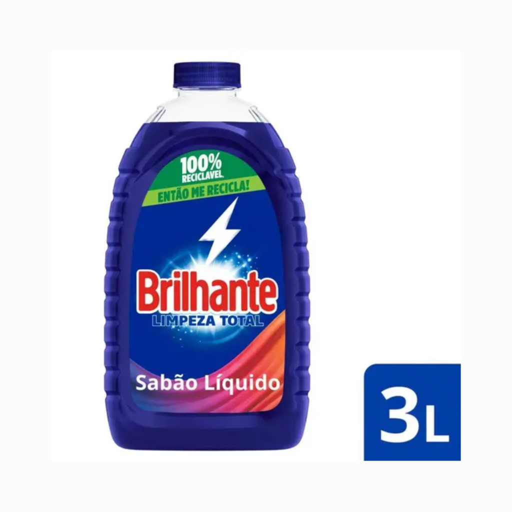 Sabão Líquido Brilhante Roupas Brancas e Coloridas Limpeza Total 3L
