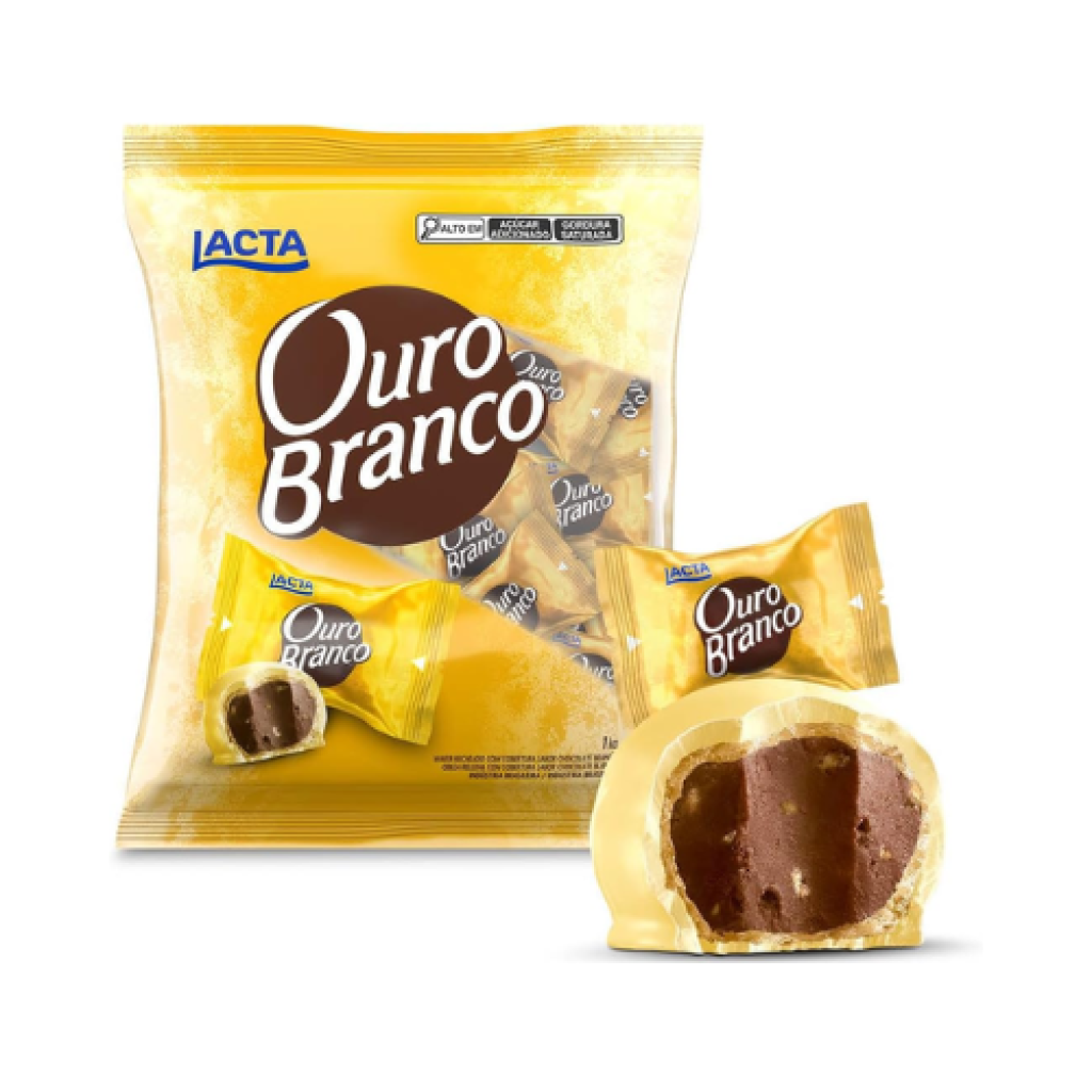 Chocolate Recheado Ouro Branco Lacta com Cobertura Branca e Flocos Pacote 1kg