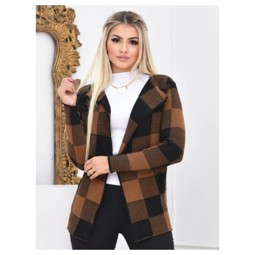Casaco Xadrez Cardigan Sobretudo Tricô Moda Inverno Feminino