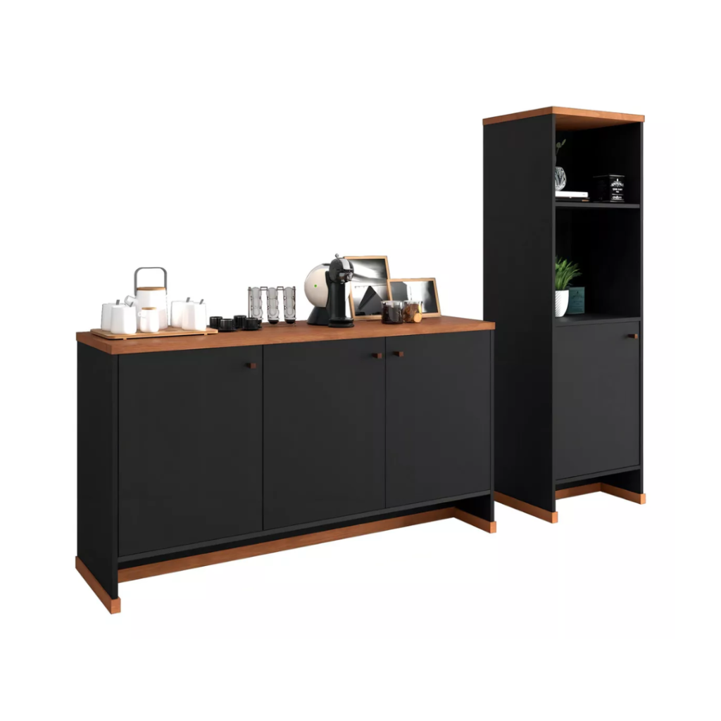 Conjunto Escritório Buffet E Armário Berlin - Vianossa Cor Preto/Naturale