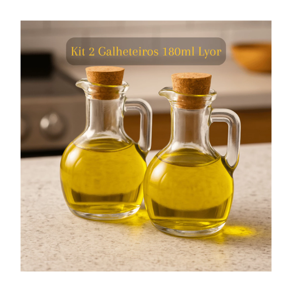 Kit 2 Galheteiros 10cm Porta Azeite Vinagre Vidro Tampa Cortiça 180 ml Lyor