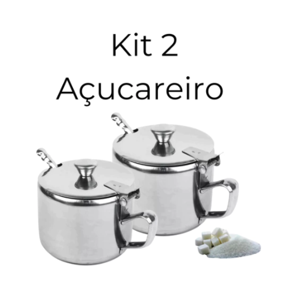 Kit 2 Açucareiros Inox com Tampa Articulada e Colher Integrada 250ml