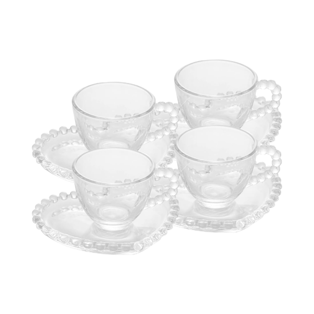 Conjunto de Xícaras de Café Wolff Coração Pearl 85ml – 4 Peças em Cristal com Pires