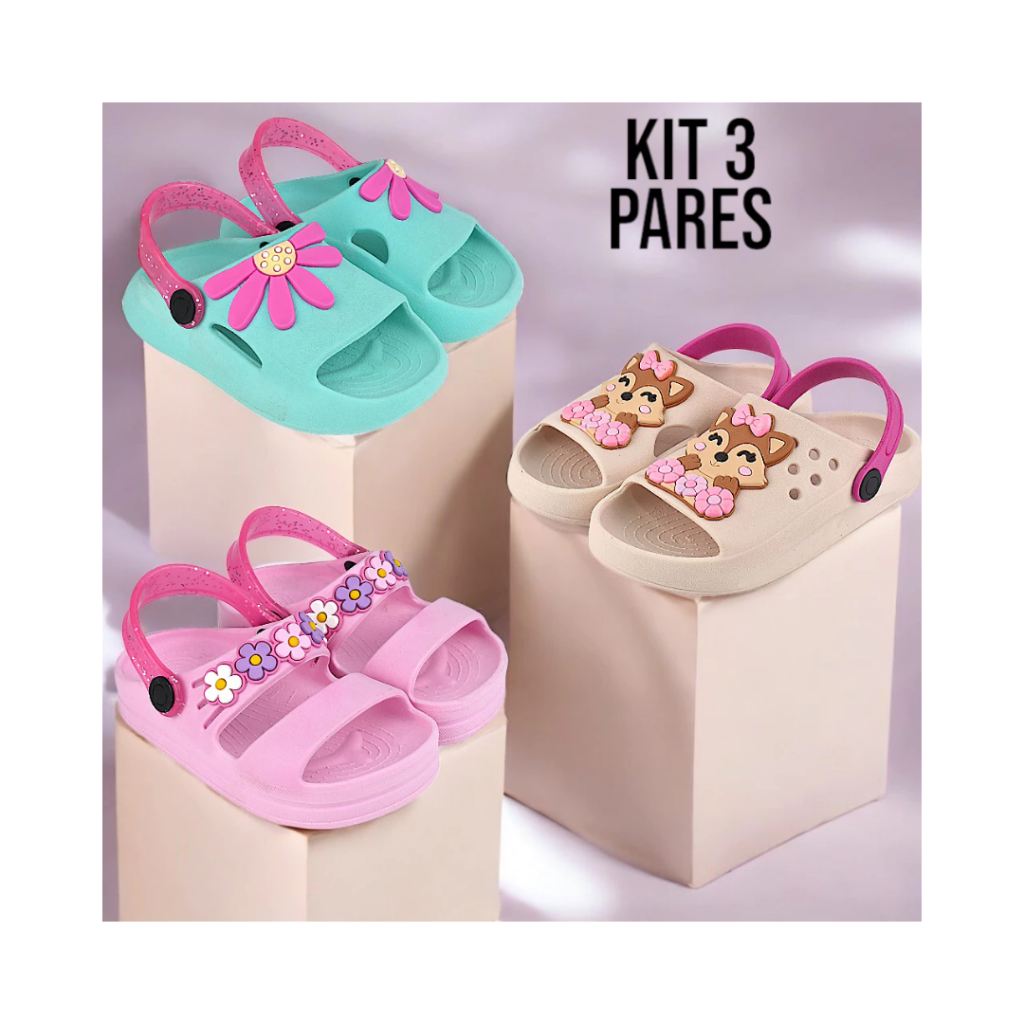 Kit 3 Pares Sandália Papete Infantil Menina e Chinelo Nuvem